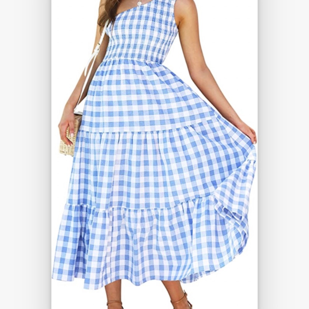 NWOT Blue & White Gingham One Shoulder tiered maxi dress
